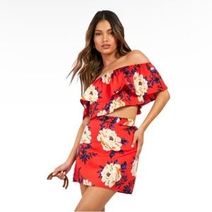NWT Women’s Floral Ruffle Red Top and Mini Skirt Set Sz 6